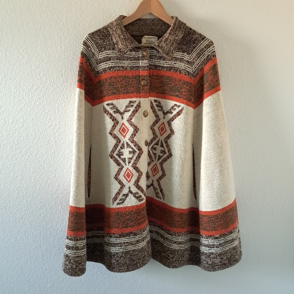 Vintage Poncho Sweater Southwest Aztec Western Brown Tan Size